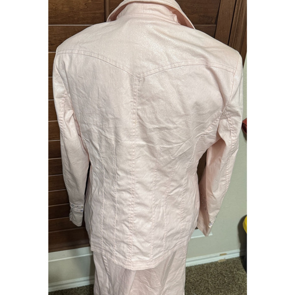 Womens Denim By Milano 3 Pc Suit Skirt Jacket shell Baby Pink sz 10 Bling - Picture 8 of 13